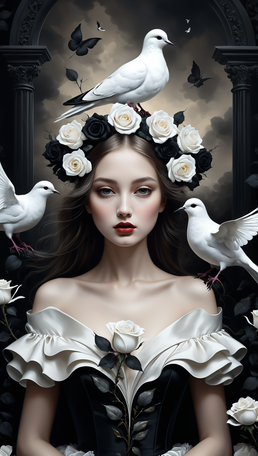 01078-3589765800-Digital art, by IrinaKapi. Surrealism, abstraction, girl with white dove and black roses, ultra details oh clothes, best quality.png